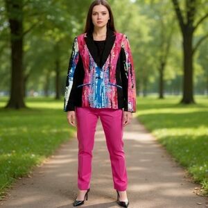 US6🩷Isaac Mizrahi Live! Watercolor Abstract Art Vibrant Colours Jacket Blazer